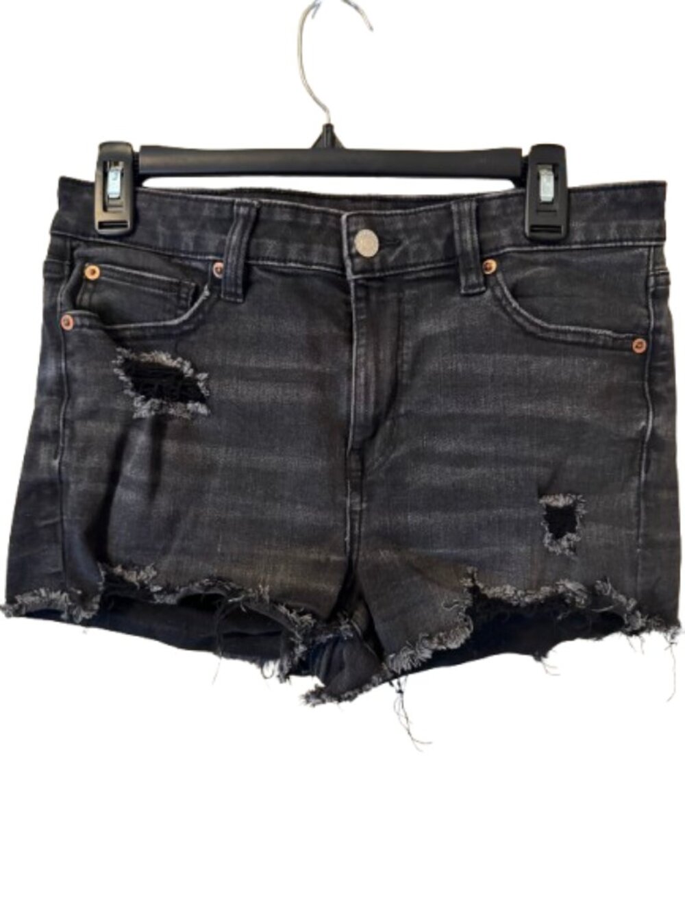 American Eagle Next Level Stretch High-Rise Shortie Black Distressed Denim SZ10